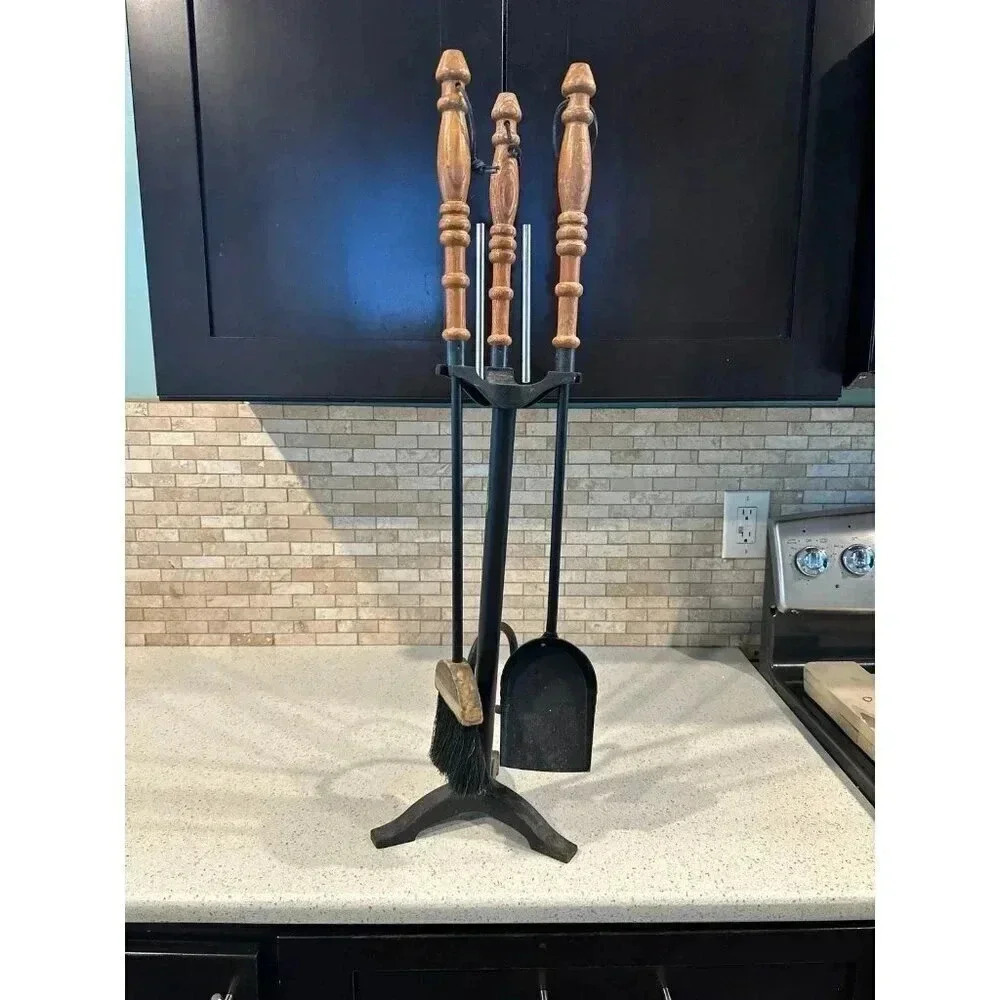 Cast Iron ‎ 3 Piece Fire Place Tool Set W/ Stand VTG